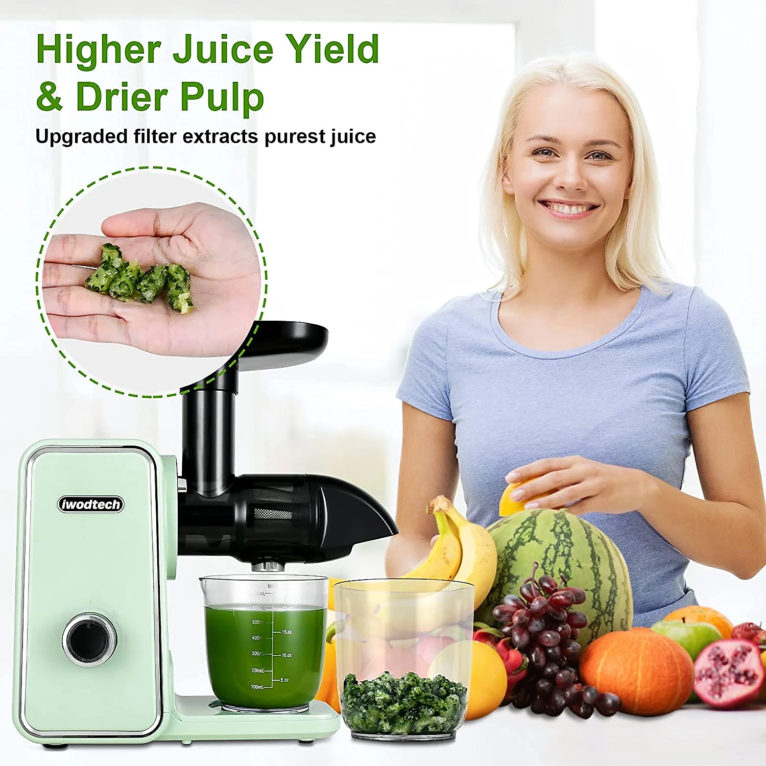 Iwodtech Centrífuga de Frutas com 2 Velocidades Aço I noxidável Silencioso e Função Reversa 110V Verde