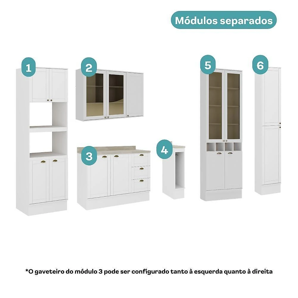 Cozinha Milla Nora 15 Portas 3 Gavetas MDF 320CM Branca Móveis Carraro