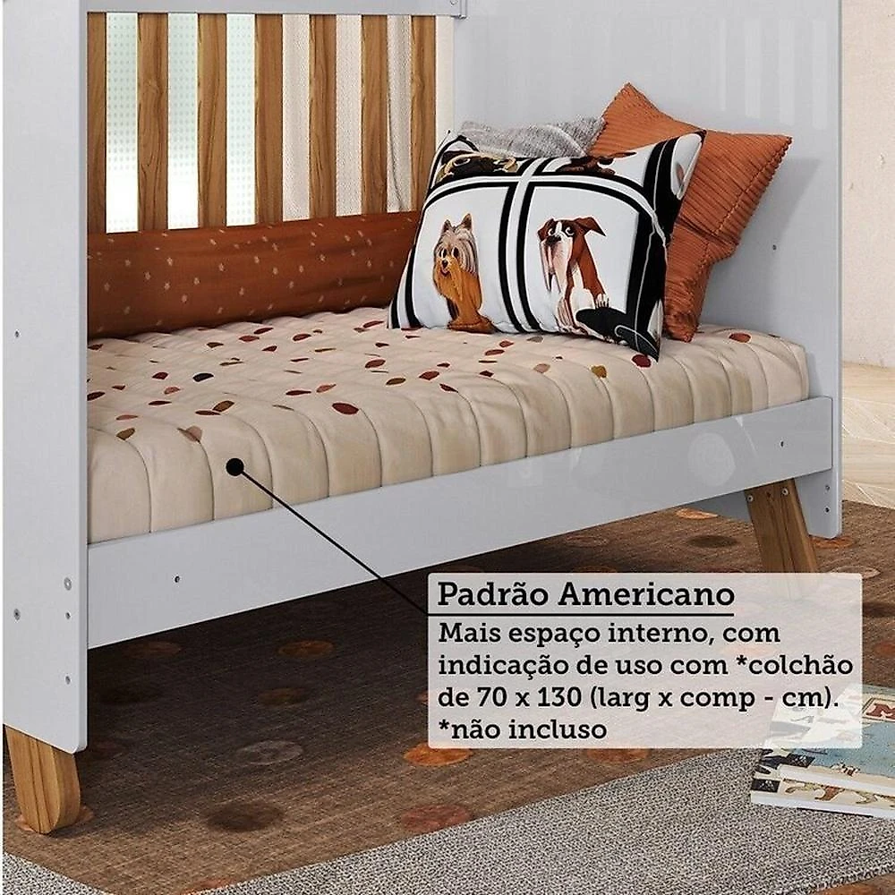Quarto de Bebê com Cômoda 4 Gavetas e Berço 4 em 1 Minicama 100% Mdf Mike Espresso Móveis Branco Brilho/Amêndoa