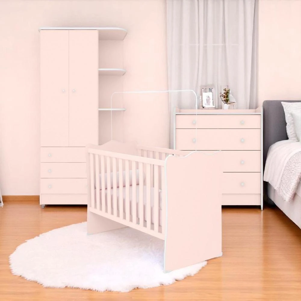 Conjunto Infantil Doce Sonho Rosa: Berço Doce Sonho + Kit Rodízios + Cômoda Doce Sonho + Guarda-roupa Doce Sonho