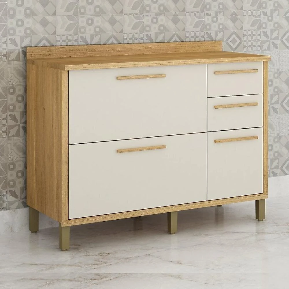 Conjunto de Cozinha Balcão 3 Portas 2 Gavetas e Armário Aéreo 120cm 3 Portas Ripado Torino Cinamomo/Off White