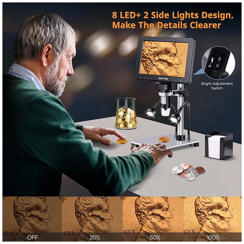 Microscópio Digital Ampliação de 1200X para Solda de Reparo de Circuito PCB, 32GB, 12 MPe 10 Luzes LED, Hayve, Prata