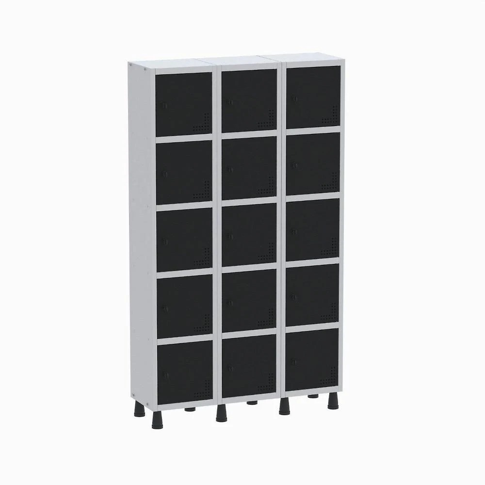 Armário Locker Guarda-volume Aço Light 15 Portas 103,5x179,5cm Cinza/Preto