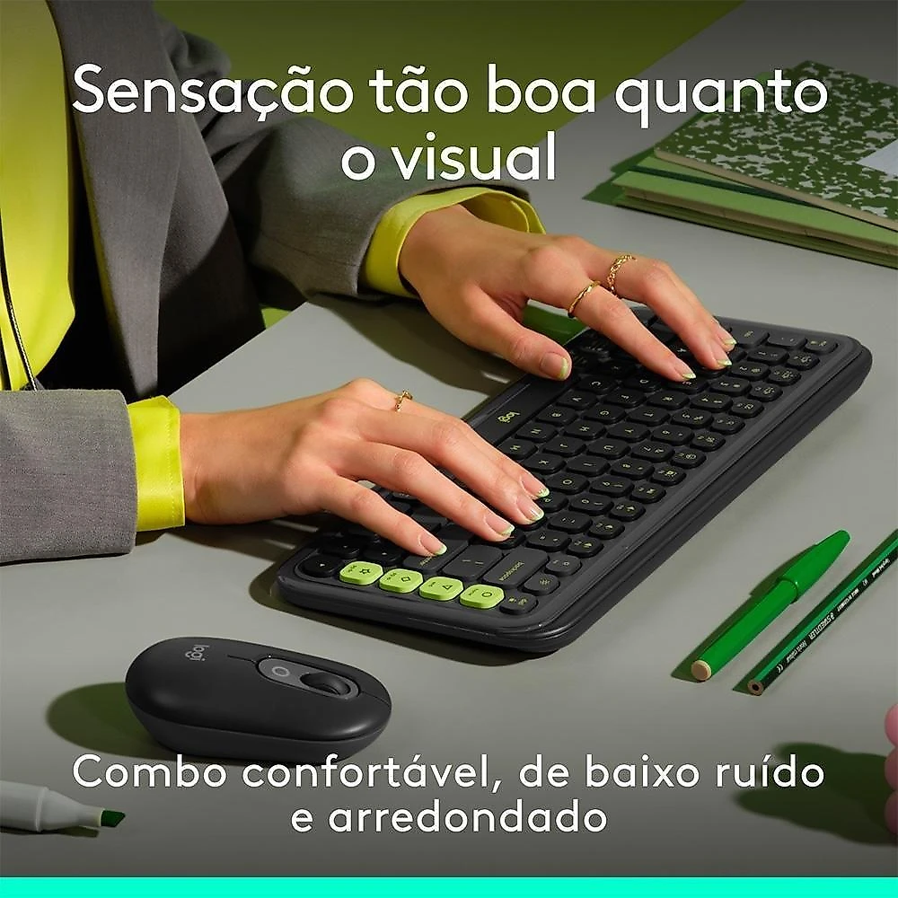 Kit Teclado e Mouse Sem Fio Logitech POP Icon com Teclas e Botões Personalizáveis, Silencioso, Bluetooth, Grafite - 920-013056