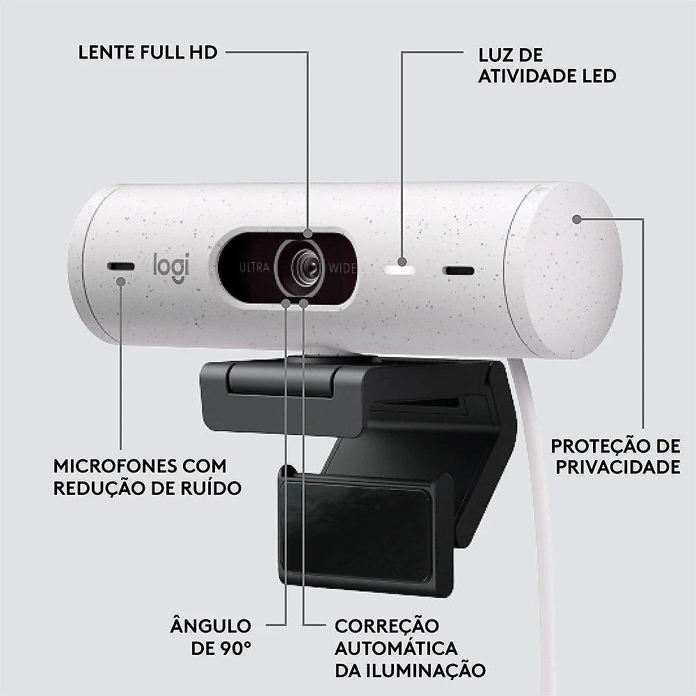 Webcam + Suporte Logitech Brio 500 Full HD, 1080p, 30 FPS, com Microfones Duplos, USB, Suporte Incluso, Branco - 960-001426