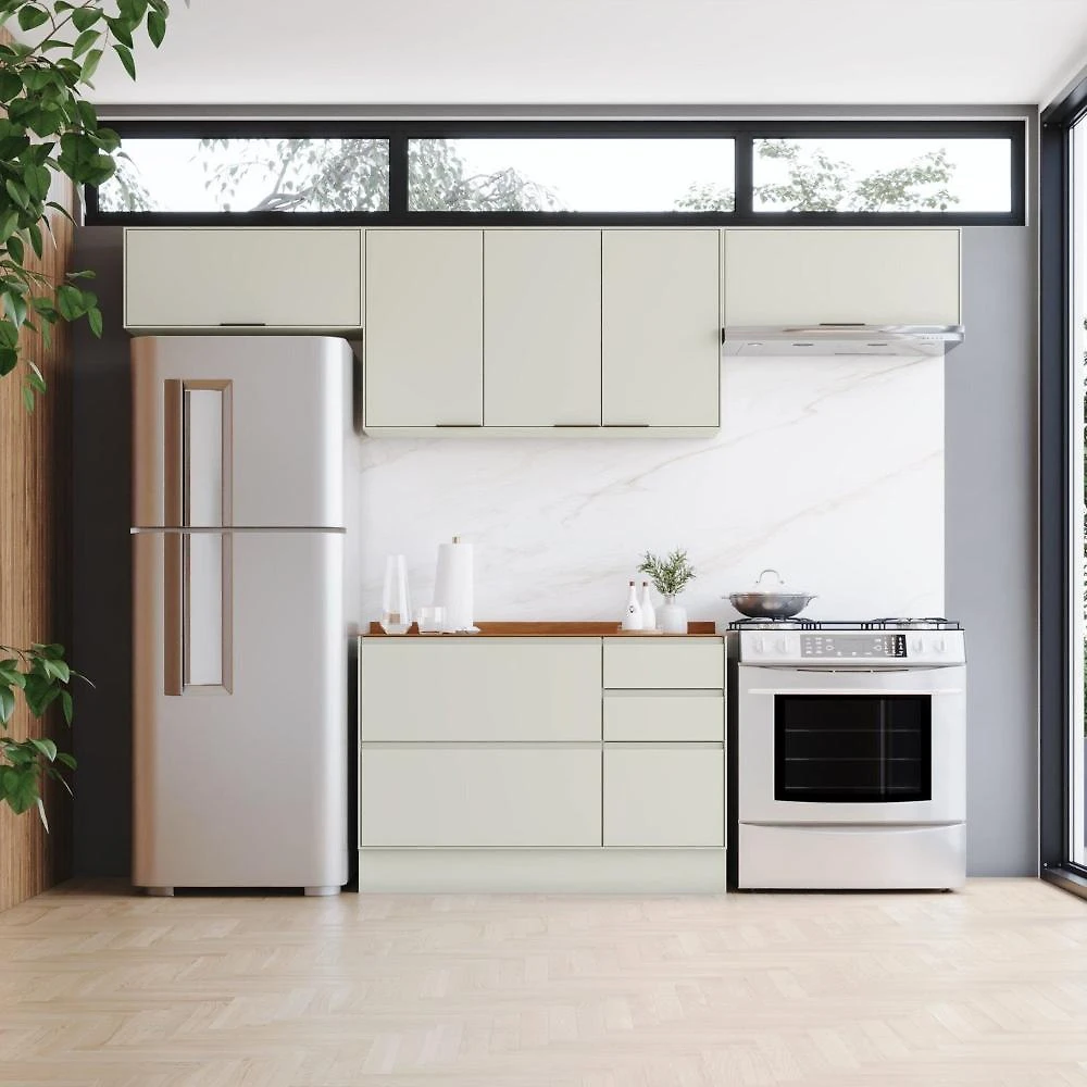 Cozinha Compacta 100% MDF 3 Aéreos e Balcão Pia com Tampo Fineze Areia HP/Cinamomo