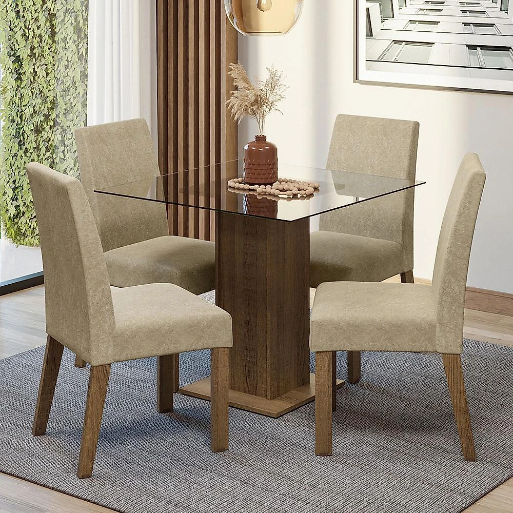 Conjunto sala de jantar mesa tampo de vidro 4 cadeiras rustic/imperial ivy madesa