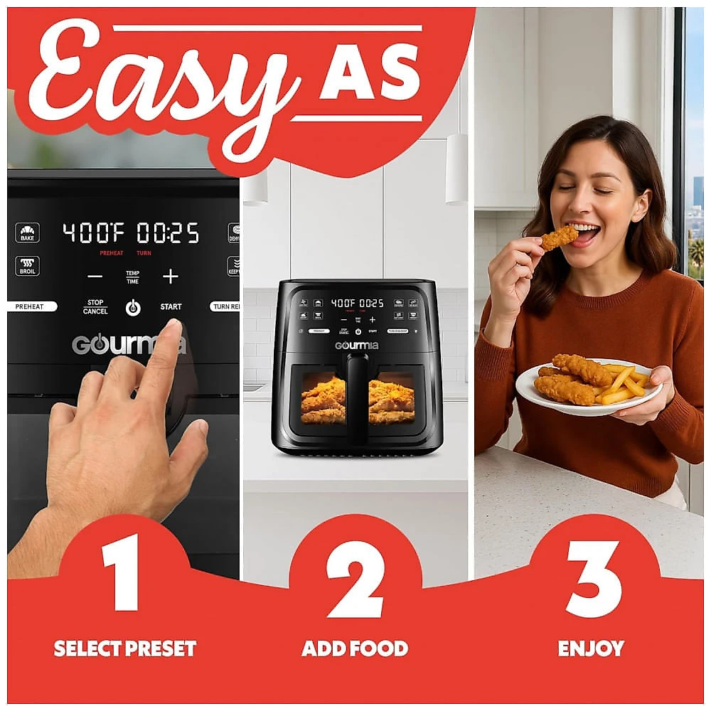 Fritadeira Elétrica Air Fryer Gourmia Preta 7,6L Janela com Luz 8 Programas FryForce 360 1700W 110V