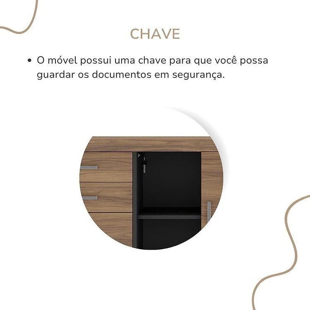 Kit Completo Escritório Mesa Tamburato 160cm Balcão com Gavetas e Armário com Nicho Nogal / Preto
