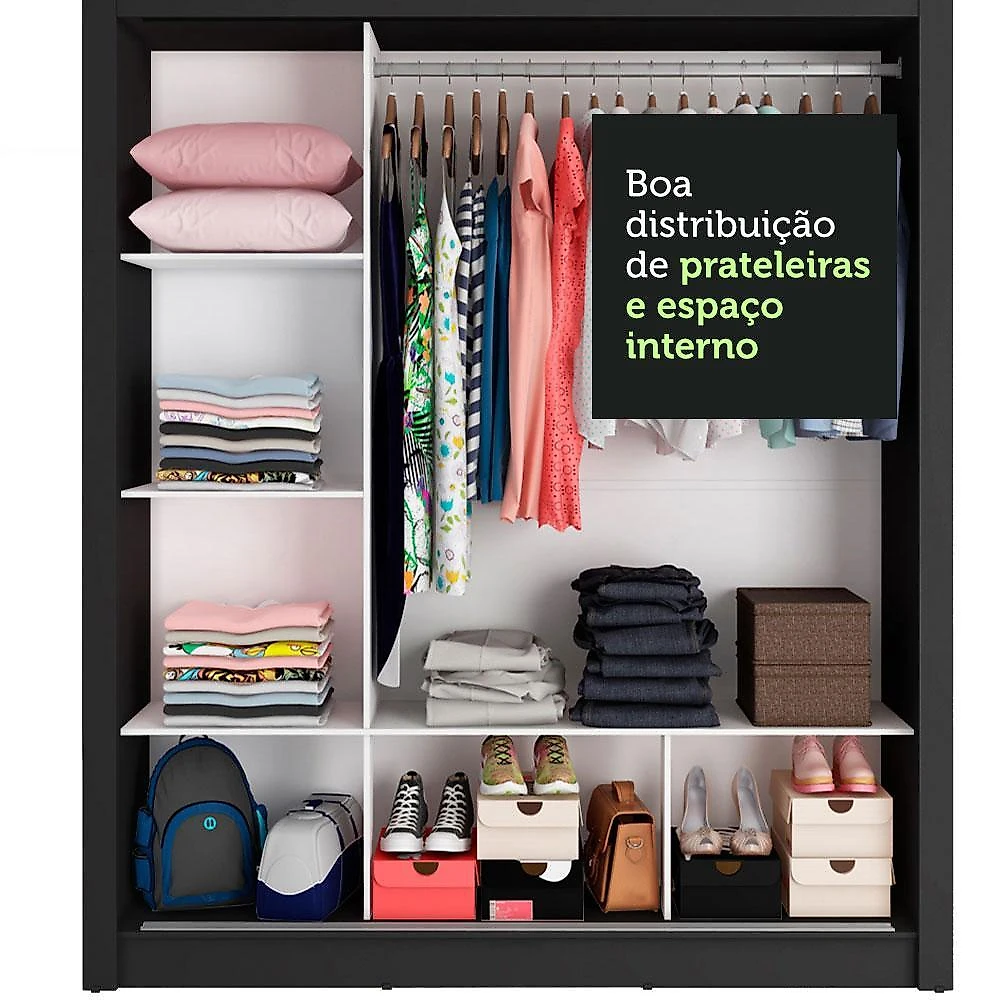 Guarda roupa casal madesa mônaco 3 portas de correr com espelhos preto/rustic