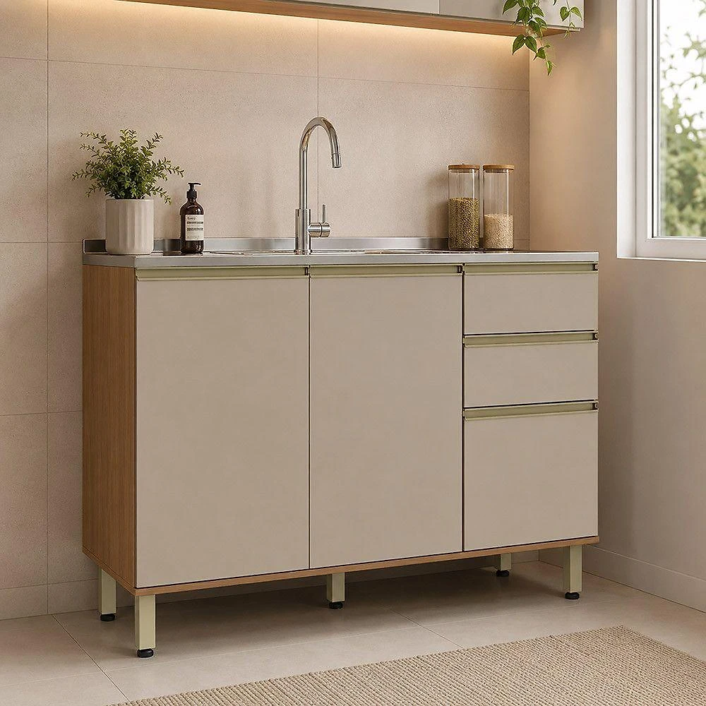 Balcão de Cozinha 3 Portas 2 Gavetas MDF 120CM Café Luciane Móveis