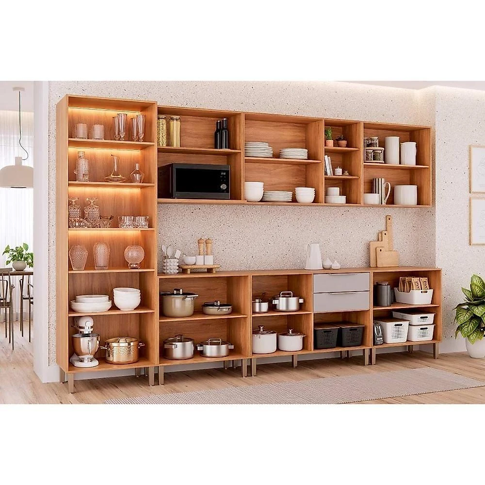 Cozinha Completa 7 Peças Brilhante 2 Portas 2 Gavetas MDF 120CM Cinamomo e Off White