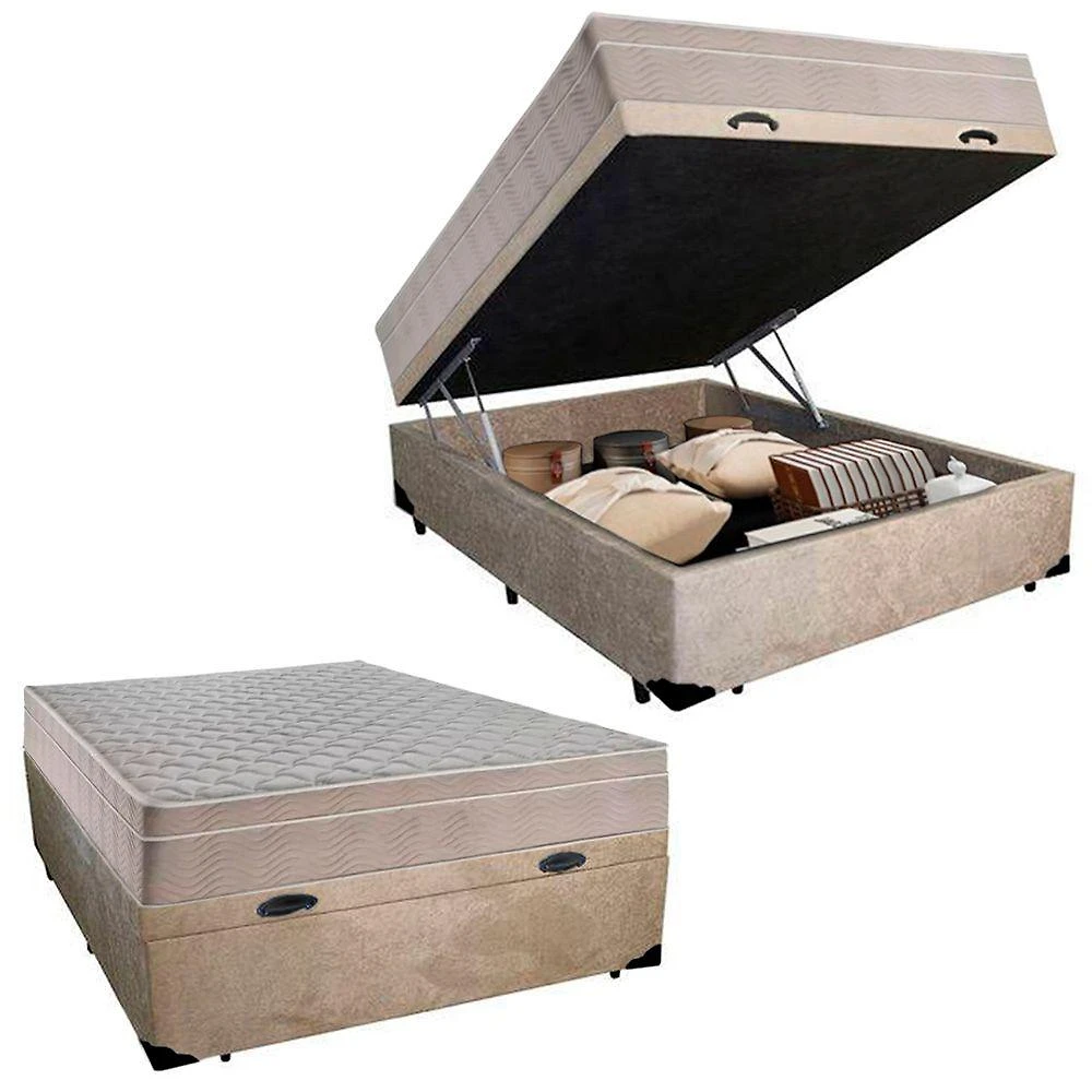 Cama Box Baú Casal Suede + Colchão Sereneprime Molas Ensacadas 138x188x69 Bege