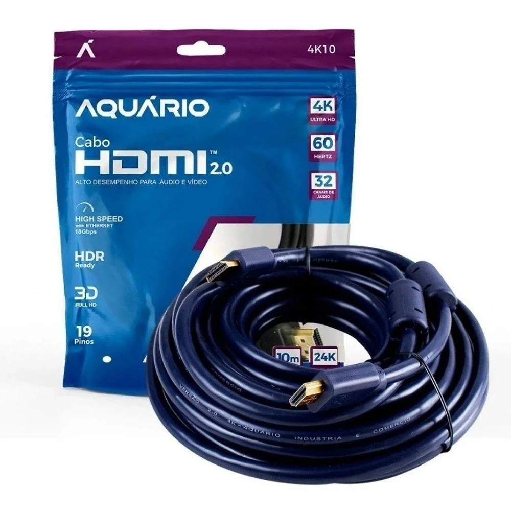 Cabo Hdmi 2.0 4k Blindado 10m com Ponta Gold 24k e Suporte 3d Full Hd 60hz Oem