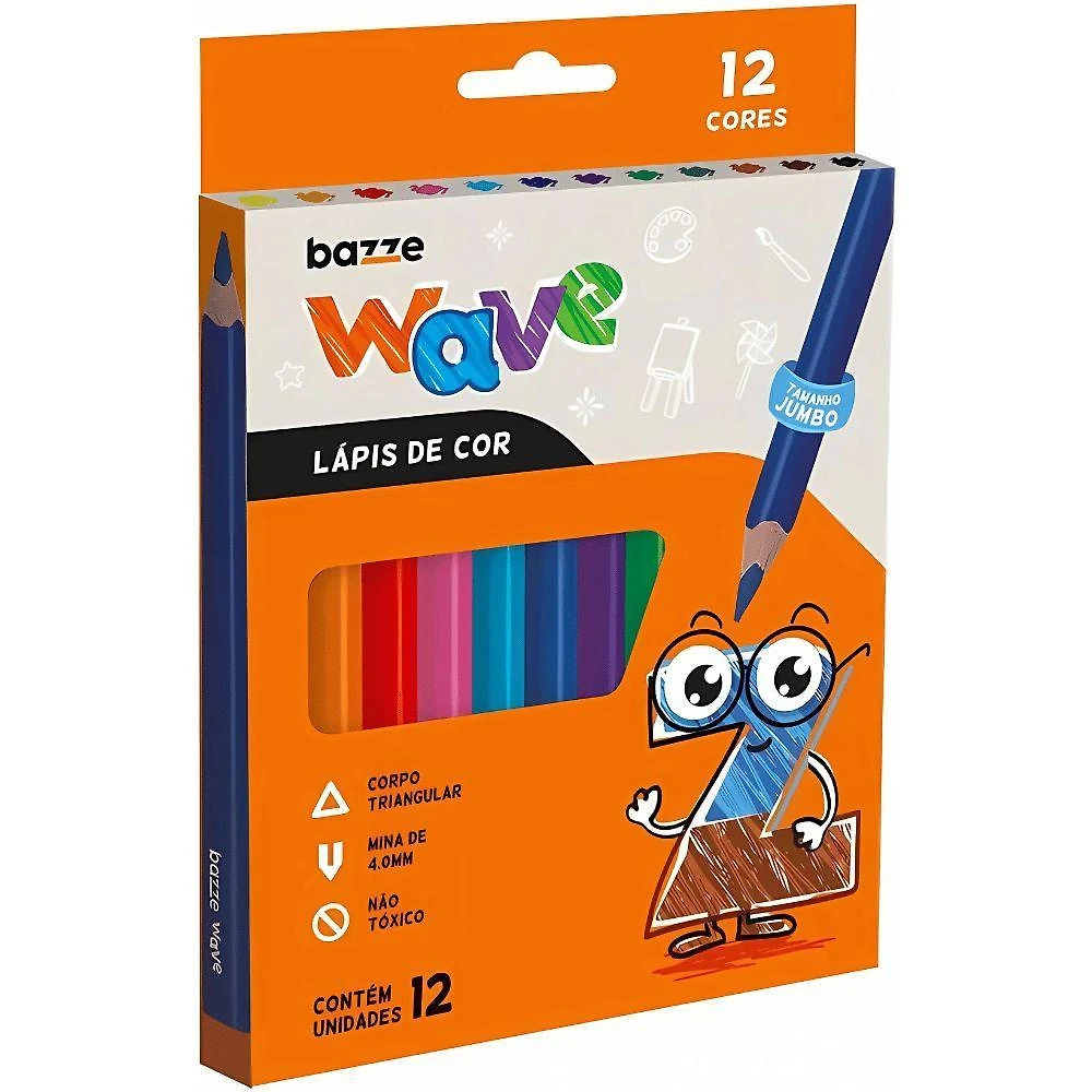 Lápis de Cor Bazze Wave Jumbo Triangular Ponta Resistente 4,0MM Ideal para Mãos Pequenas 12 Cores