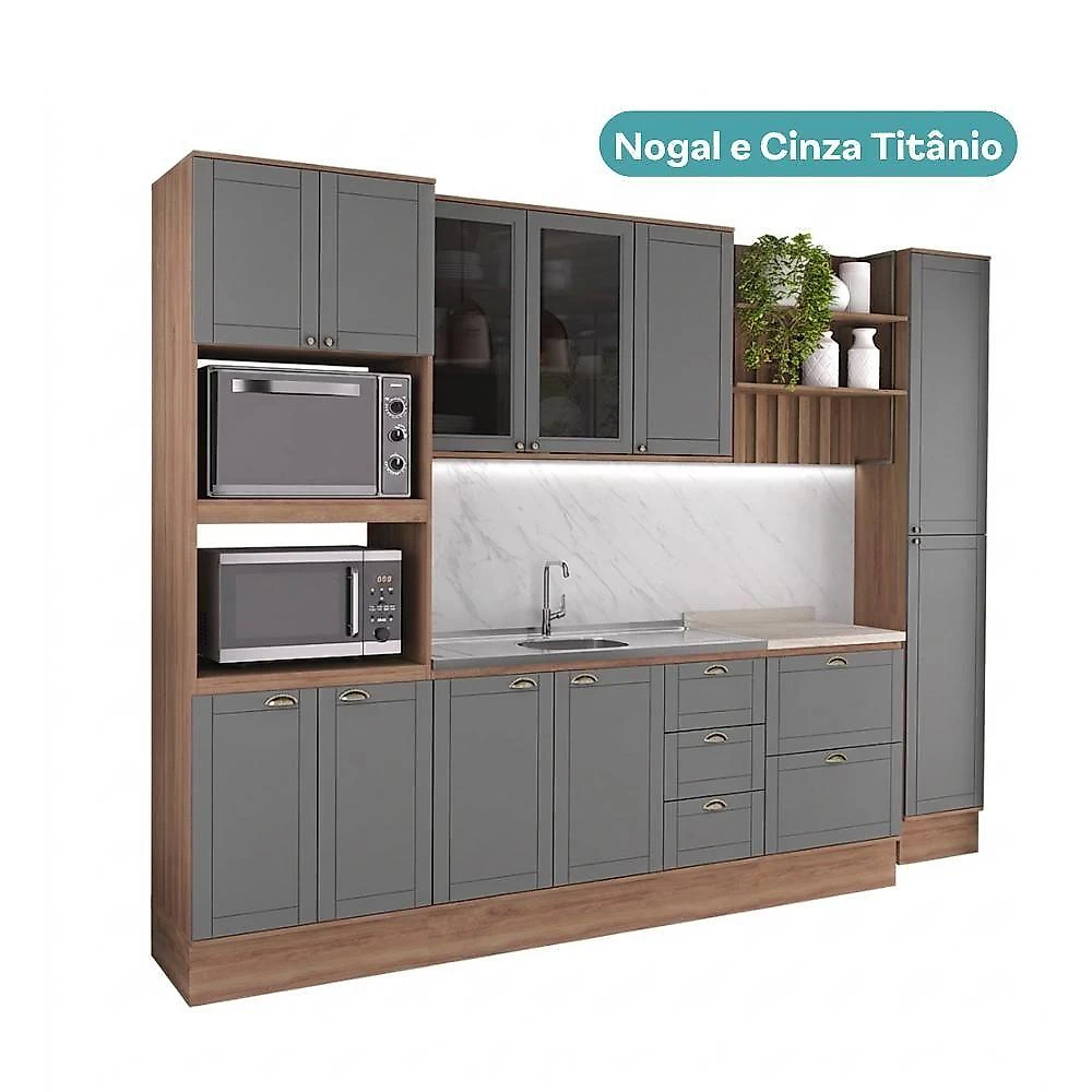 Cozinha Milla Cleo 11 Portas 5 Gavetas MDF-MDP 310CM Nogal com Cinza Móveis Carraro webcontinental-7893455167878