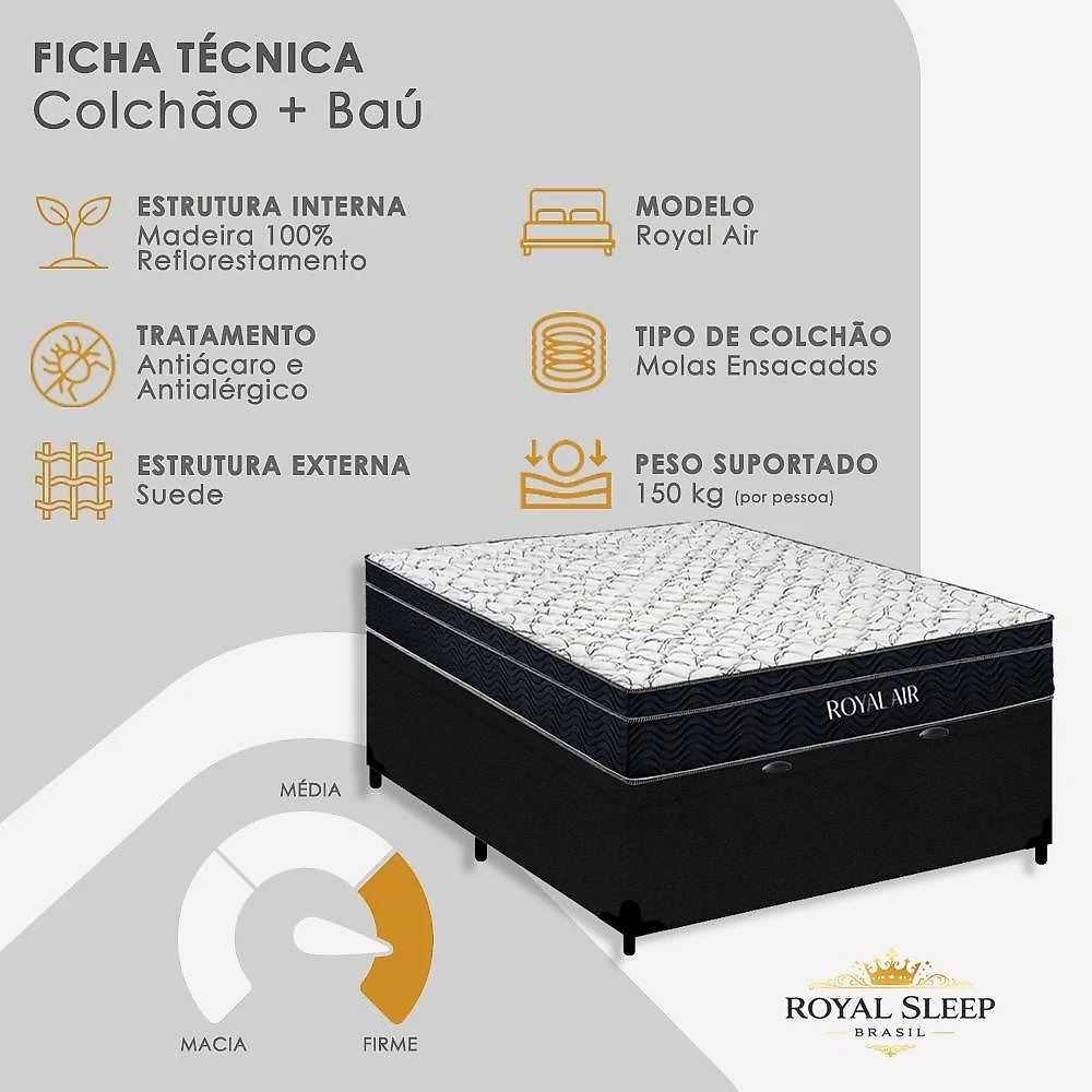 Cama Box Baú Casal 138cm Royal Air Molas Ensacadas Suede Preto Royal