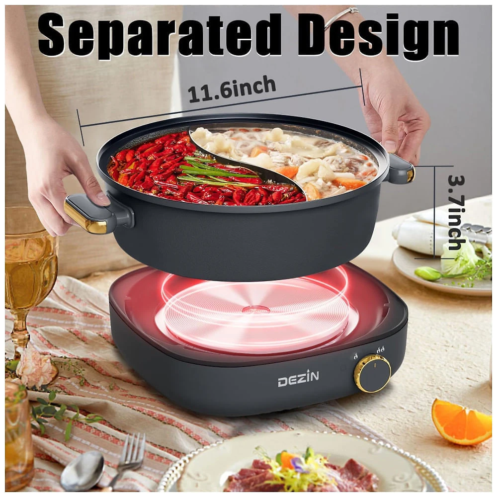 Miniatura Panela Elétrica 4L com Divisor, Controle Temperatura Ajustável e Antiaderente, 110V, DEZIN, Cinza