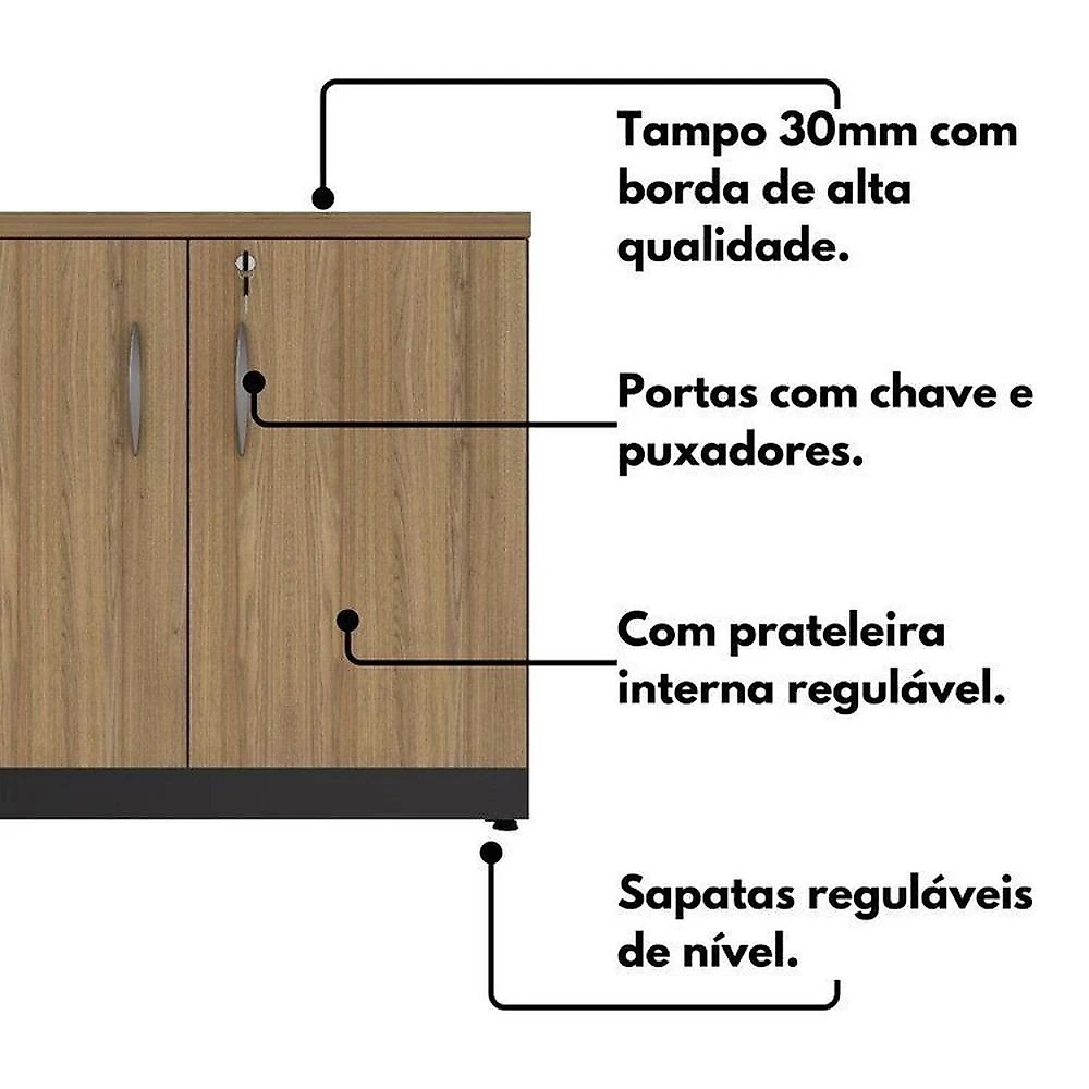 Conjunto para Escritório com Mesa de Reunião 6 Lugares e 2 Armários Baixos com Chave Espresso Móveis Macadâmia/Preto