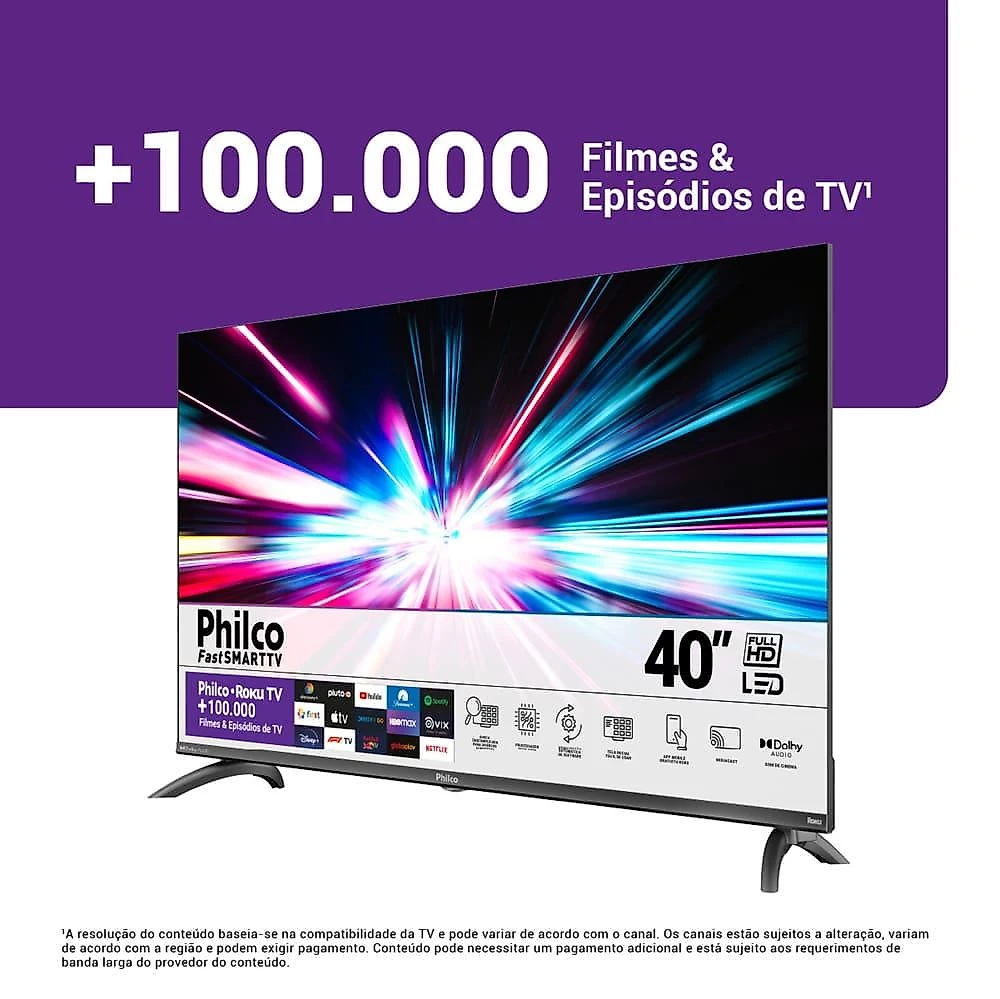 Smart tv 40" philco full hd led ptv40m9gr2cgb com sistema operacional roku tv, dolby audio, processador quad-core, entradas usb e hdmi