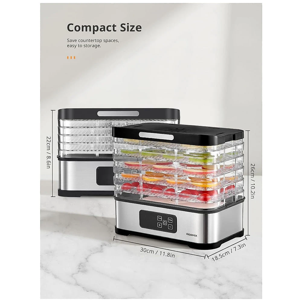 Desidratador de Alimentos Reemix Preto 5 Bandejas BPA Free Display LCD Controle de Temperatura 250W