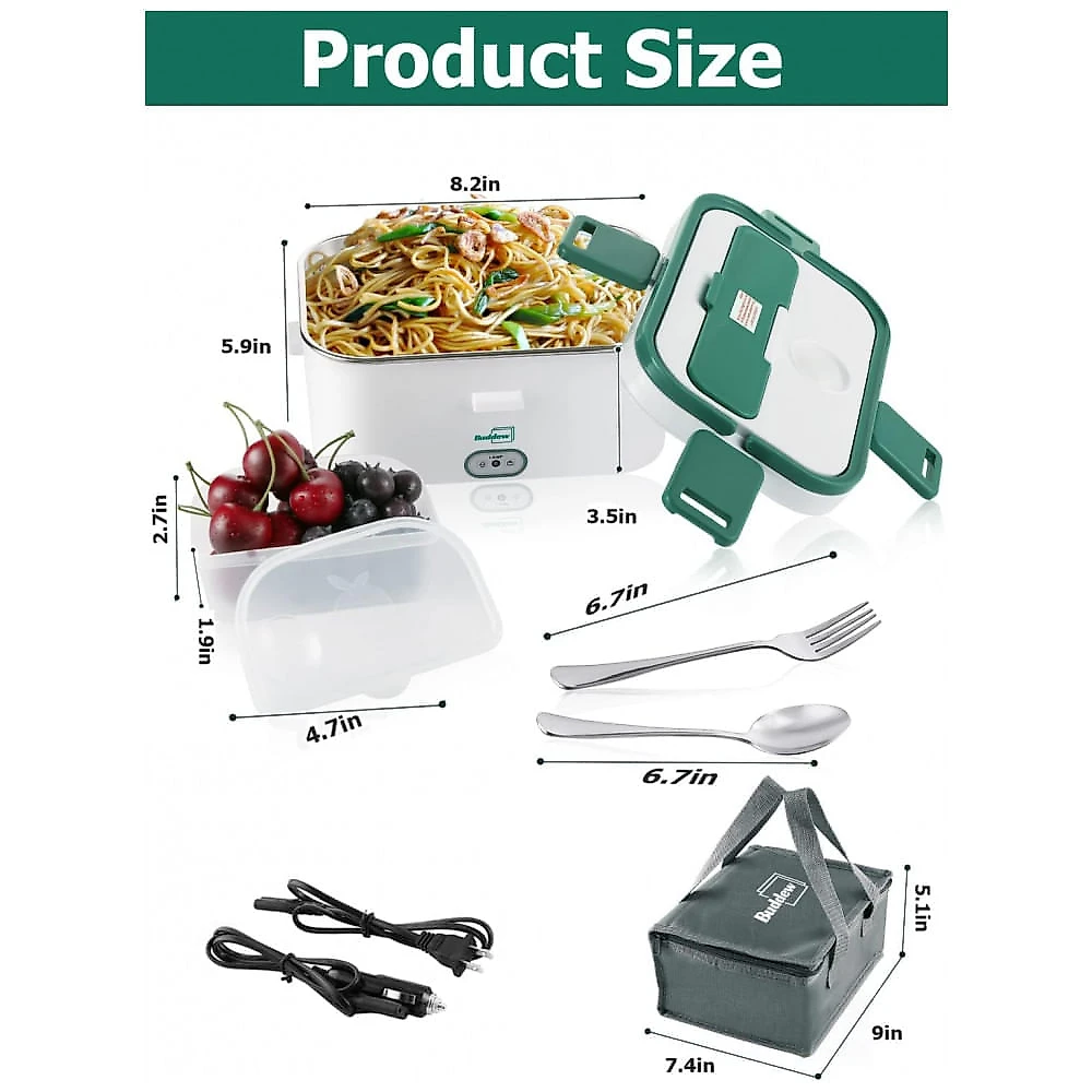 Marmita Elétrica Portátil 1,8L com Garfo, Colher e Bolsa para Transporte, 12V bivolt 70W, Buddew, Cinza e Verde Claro