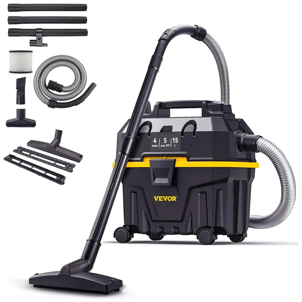 Aspirador de Pó e Líquidos 3 em 1 com Função de Sopro, 15.16L, 5HP, 120V 1200W, VEVOR, Preto e Amarelo