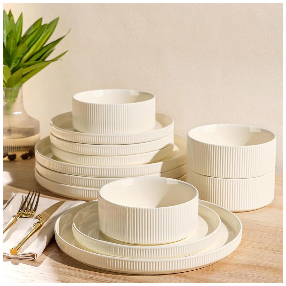 Conjunto de Jantar de Cerâmica TheTerra para 4 Pessoas, 12 Peças de Pratos e Tigelas de Porcelana Leves, Resistente a Riscos, Seguro para Forno, Micro