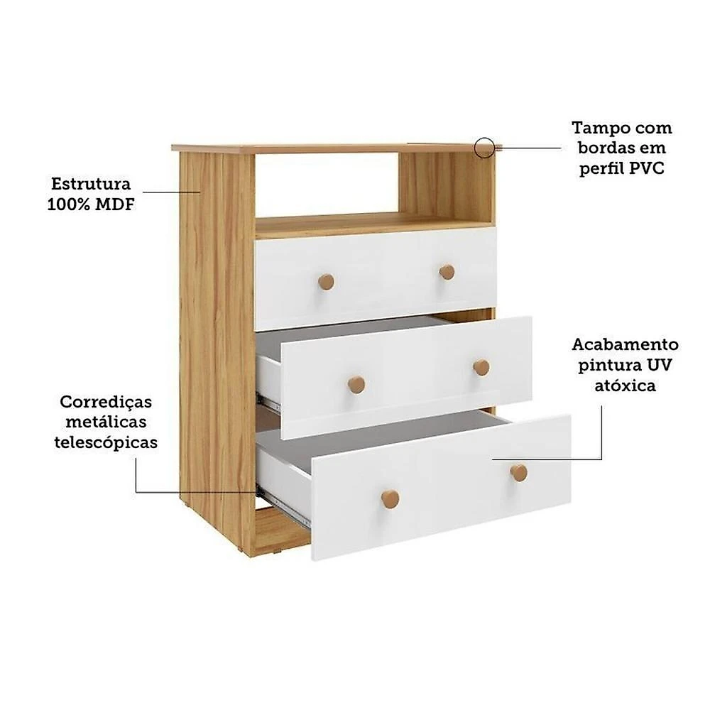 Quarto de Bebê com Cômoda 3 Gavetas e Berço Americano 100% Mdf Teka Espresso Móveis Branco Brilho/Amêndoa