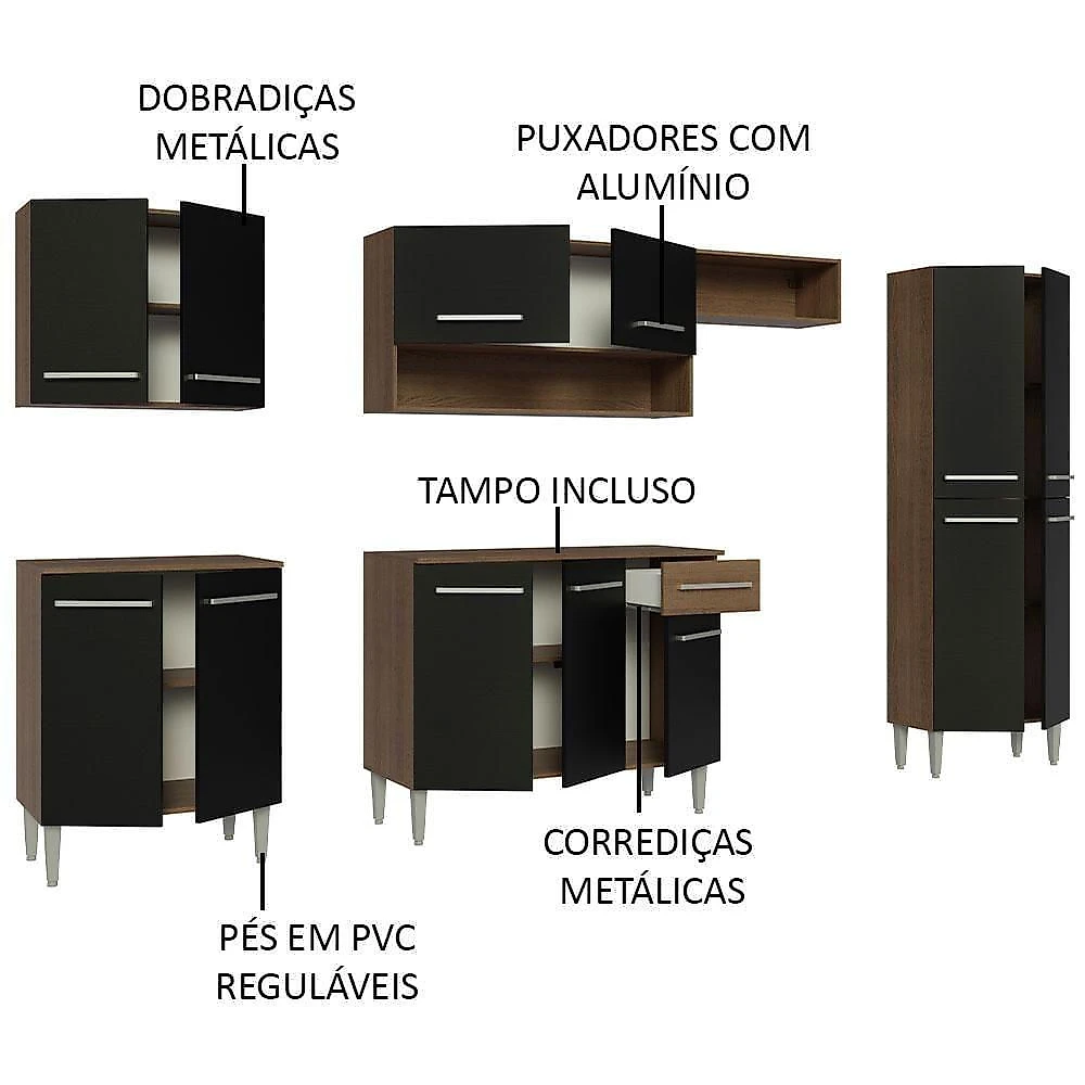 Armário De Cozinha Completa 293cm Rustic/preto Emilly Madesa 10 Rustic/preto