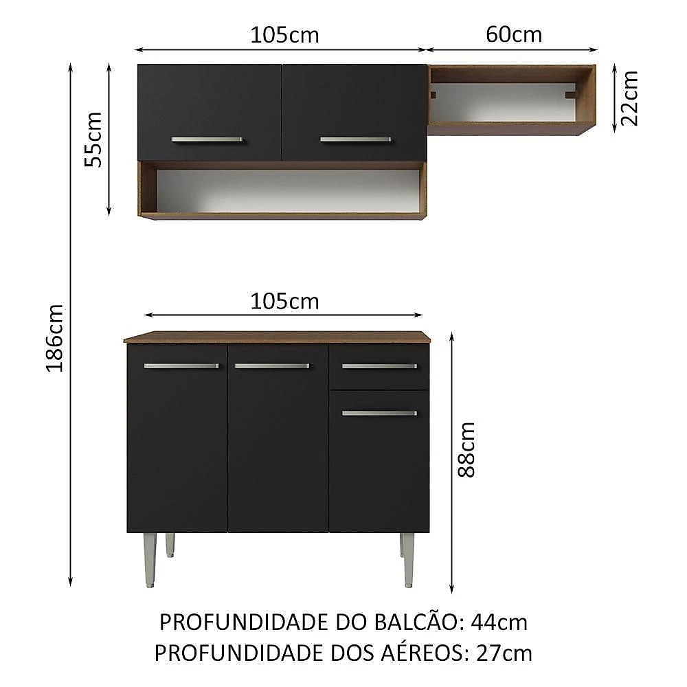 Armário De Cozinha Compacta 165cm Rustic-preto Emilly Madesa 07 Rustic-preto