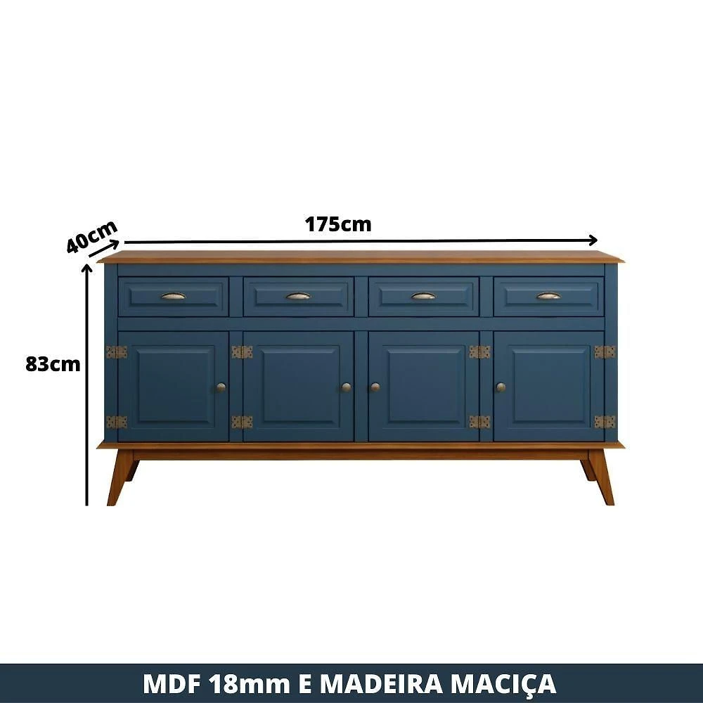 Miniatura Balcão Buffet Aparador 4 Portas 4 Gavetas New Veneza Azul Petróleo