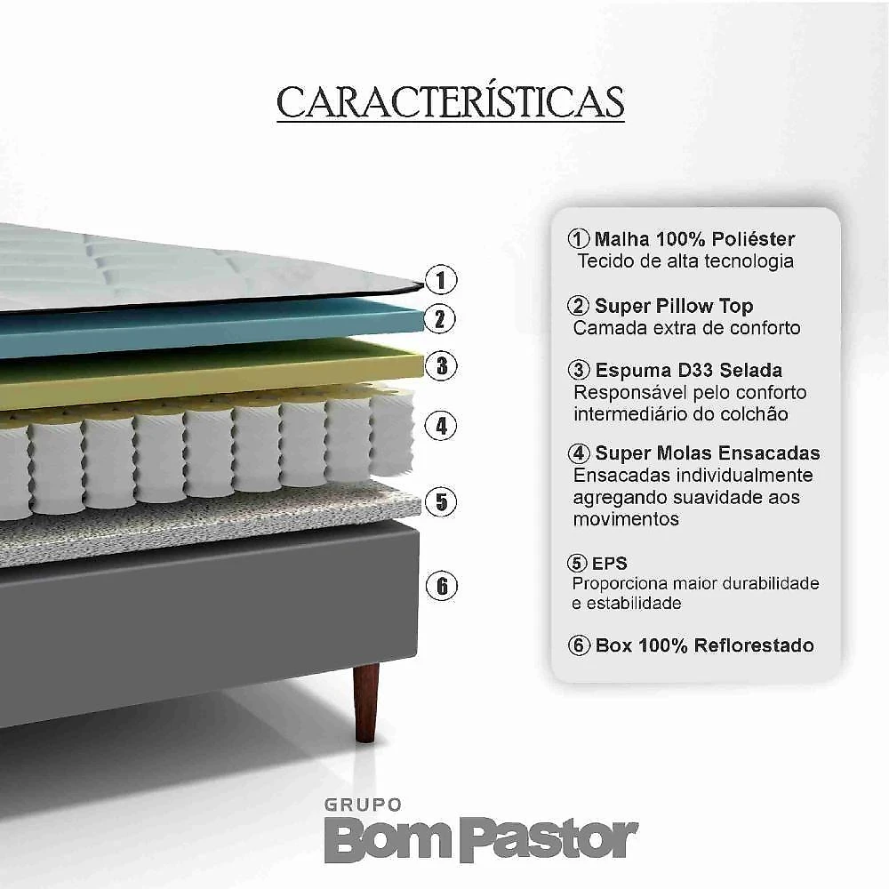 Colchão King Molas Ensacadas Fiori D33 Pillow Top Americano 193x203x67CM Bege Bom Pastor Móveis webcontinental-7908051464853