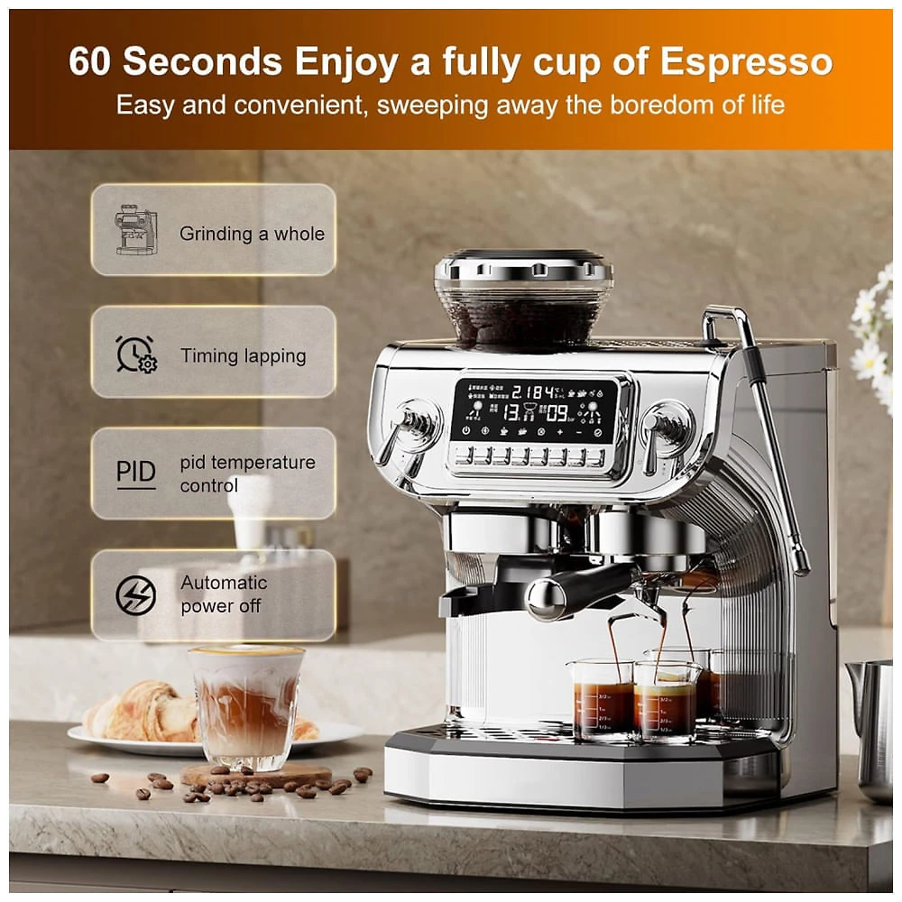 Miniatura Máquina de Café Expresso Semi Automática 15 Bar com Moedor Embutido e Bocal de Leite, 110V 1450W, Mcilpoog TC520, Prata