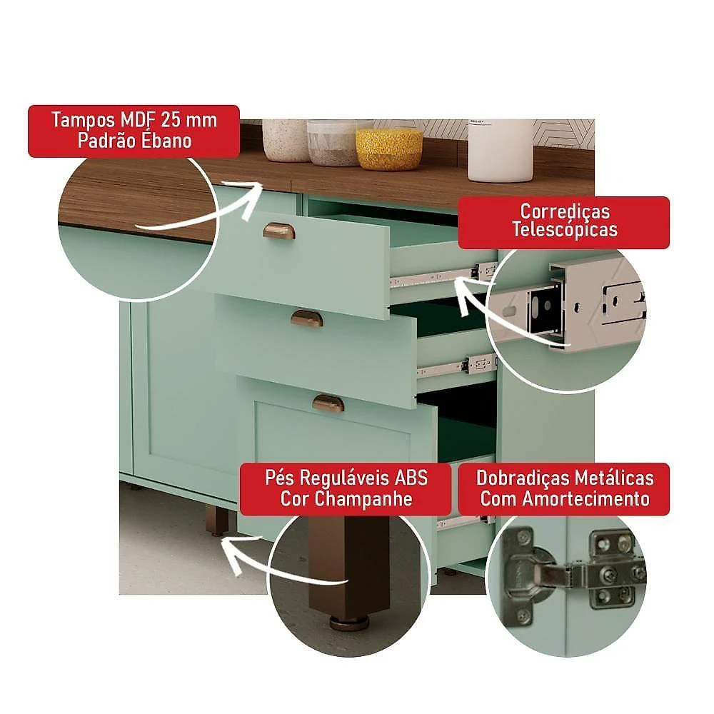 Armário De Cozinha Genialflex Iluminata 3 Peças Verde Mint