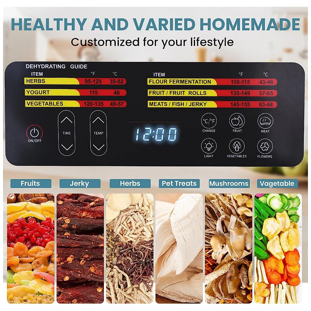 Desidratador de Alimentos para Jerky, 12 Bandejas Grandes de Aço Inoxidável, 1200W Desidratador de Frutas com Controle Remoto, Fendia
