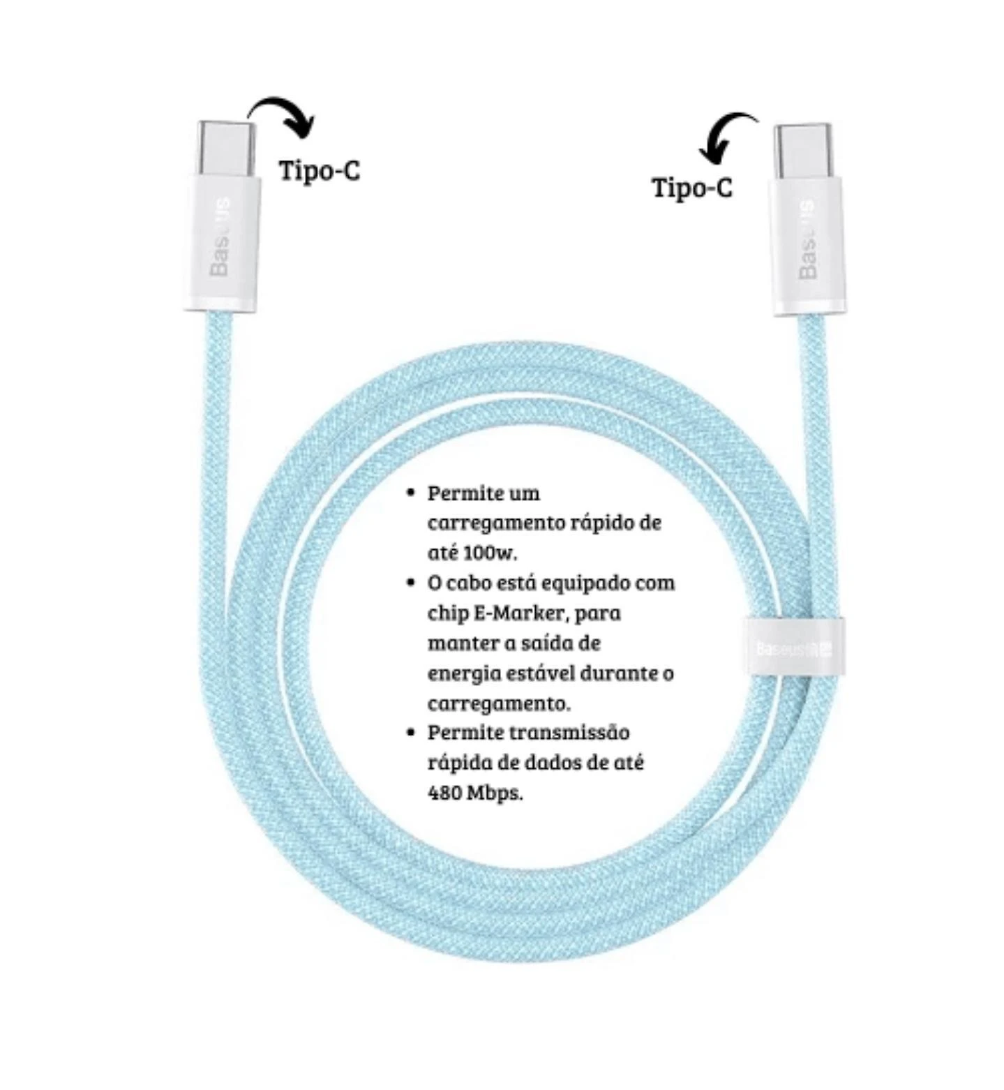 Miniatura Cabo Usb-C Baseus 100W 5A Tipo C Carregamento Transferência