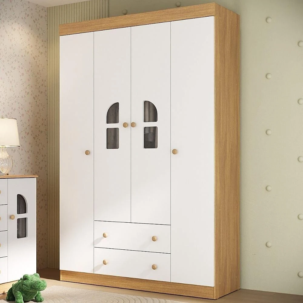 Guarda-roupa Infantil 122cm Com Vidro 4 Portas E 2 Gavetas Amora Multimóveis MP4509 Madeirado/branco