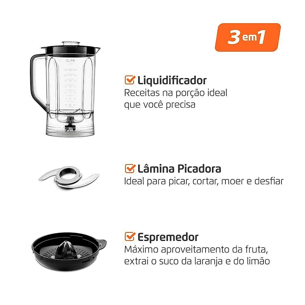 Multiprocessador Mondial Turbo Chef 3 em 1 MPN-02-BE 1000W Preto 110V