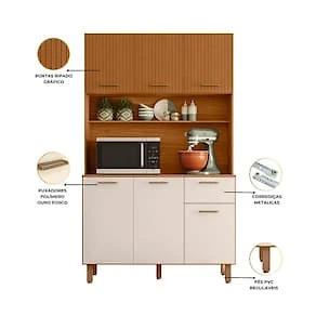 Miniatura Cozinha Compacta Poliman New Livia 6 Portas 1 Gaveta Freijó Ripado e Off White