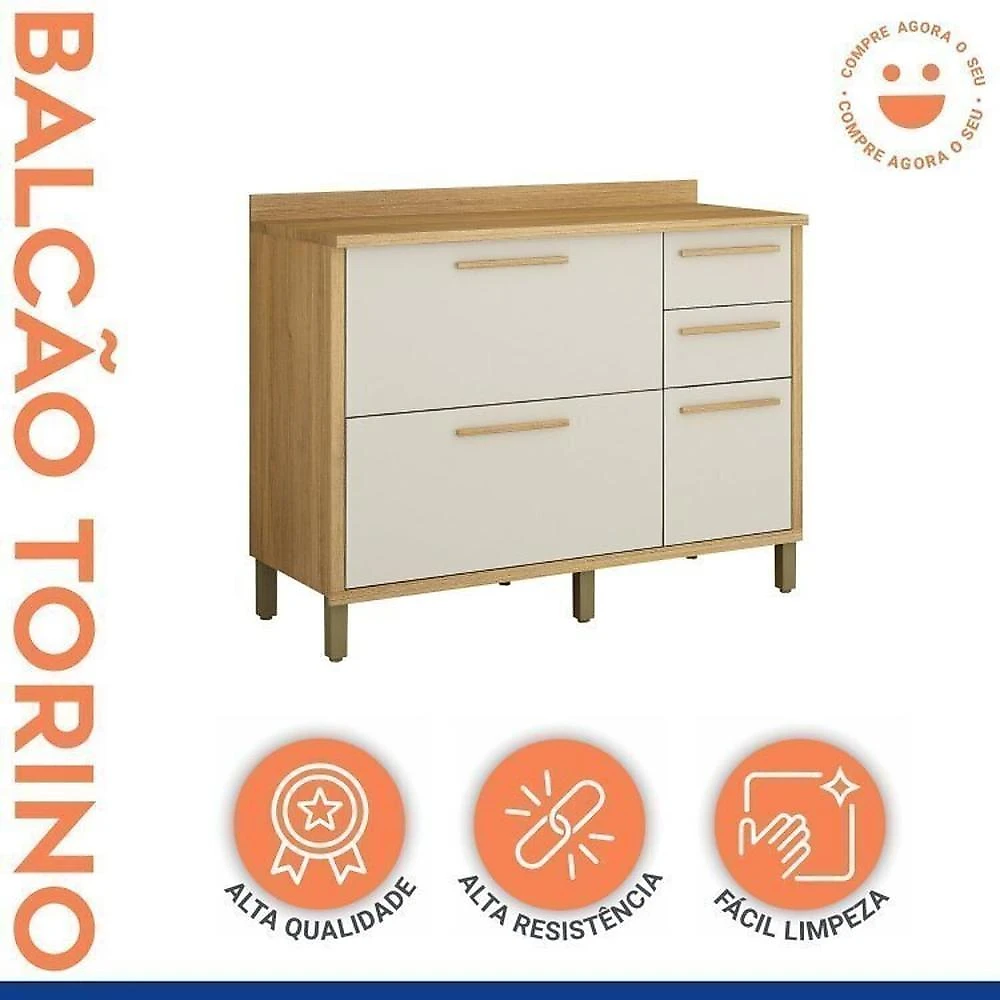 Conjunto de Cozinha Balcão 3 Portas 2 Gavetas e Armário Aéreo 120cm 3 Portas Ripado Torino Cinamomo/Off White