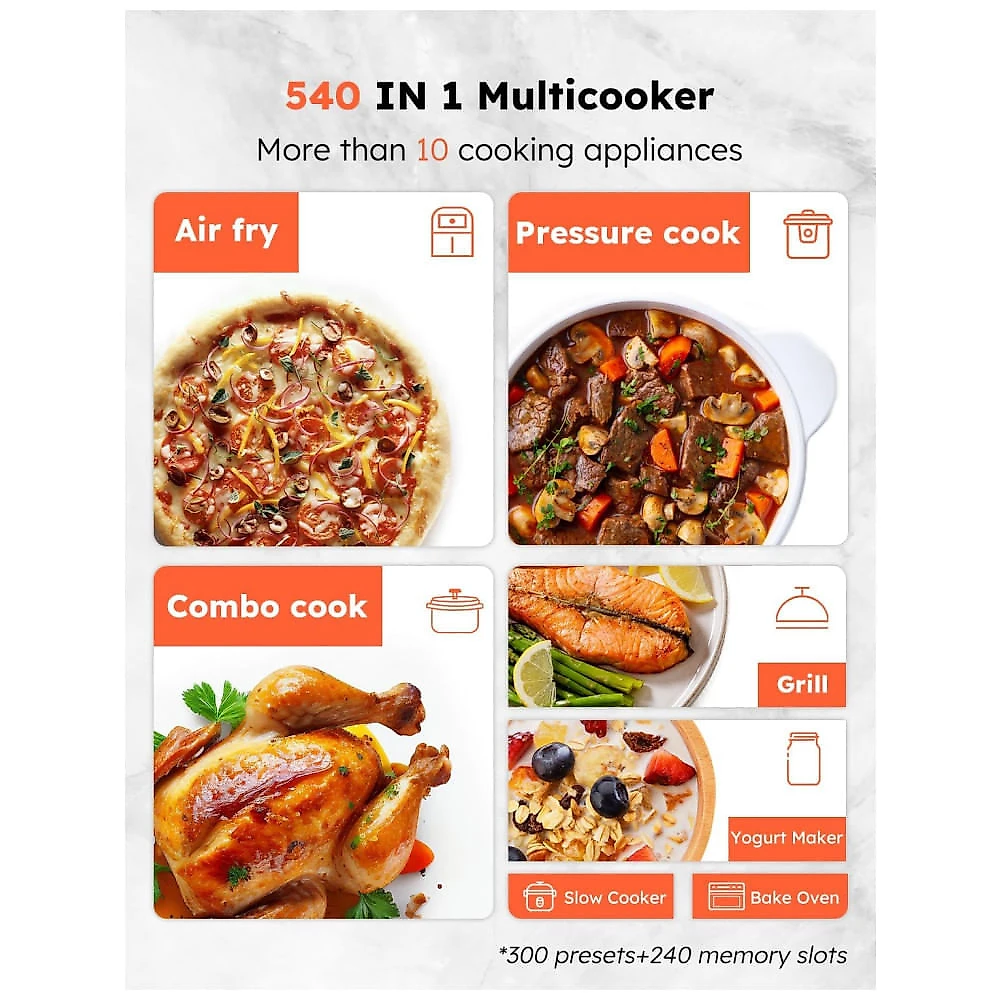 Fritadeira Elétrica Air Fryer e Panela de Pressão 450 em 1, 5,6L com Sonda de Temperatura Digital, Panela SS de 5,6L, P...