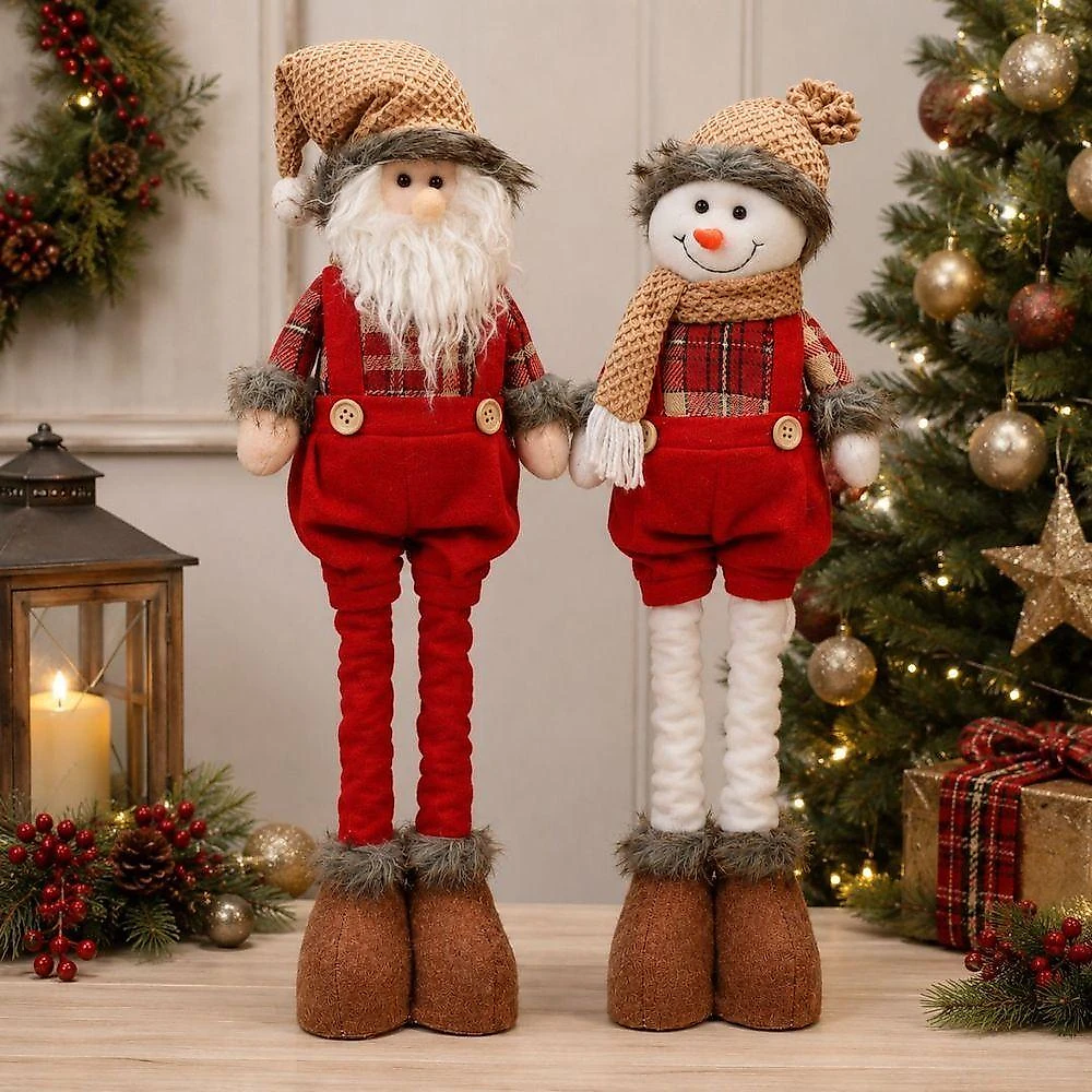 Conjunto Papai Noel e Boneco de Neve Retráteis Decorativo com Sistema Estica e Encolhe Xadrez