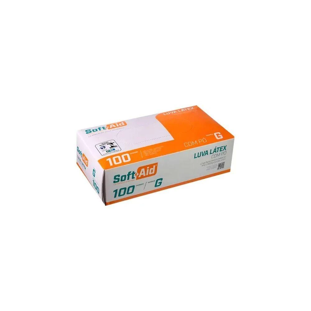 Luva de Látex Descartável com Pó Soft+aid Tamanho g para Uso Profissional com 100 Unidades