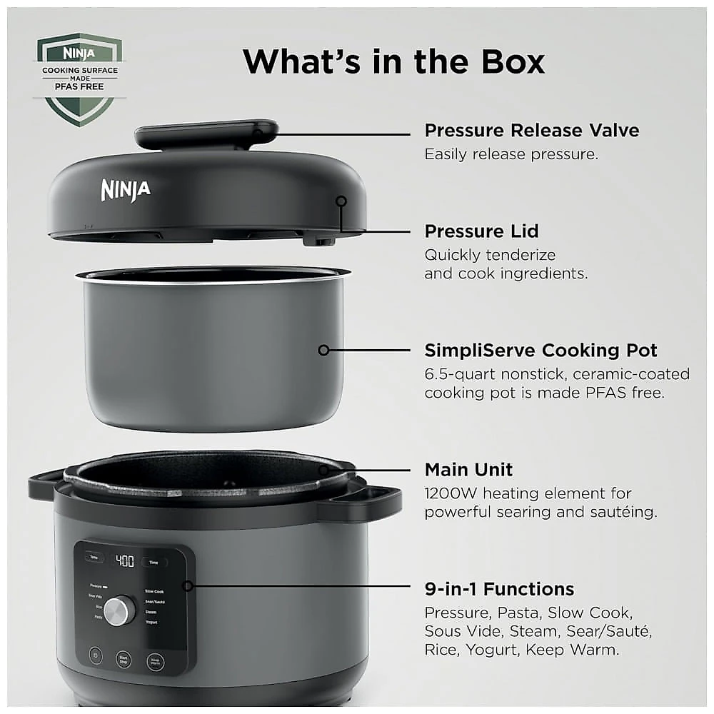 Panela de Pressão Elétrica Ninja HyperHeat Cinza 6,2 L 9 em 1 SimpliServe Pot 1200 W PC201GY 110V