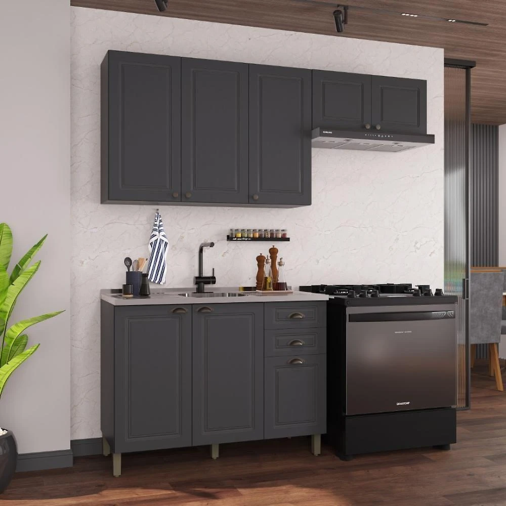 Armário de Cozinha Modulada Compacta Nara 8 Portas 2 Gavetas MDF 200CM Chumbo