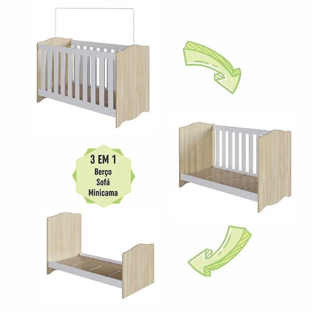 Quarto Infantil 3 Peças Berço 3 em 1 Cômoda 1 Porta 4 Gavetas Prateleira Carvalho Araguaia webcontinental-7898352182627