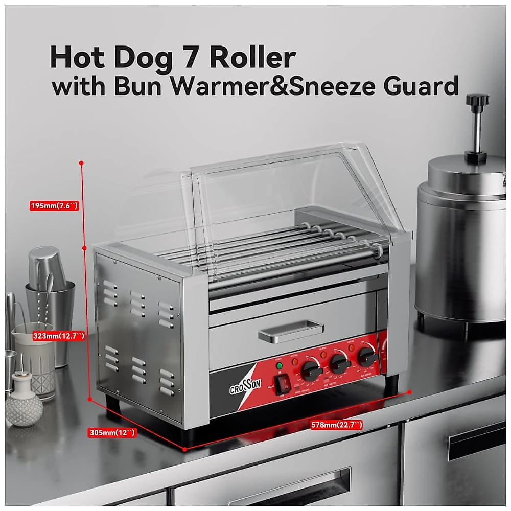 Máquina de Salsicha Hot Dog Grill CROSSON,7 rolos antiaderentes,com aquecedor de pães e proteção transparente,comercial, inox 304, ideal para cozinhar 110v