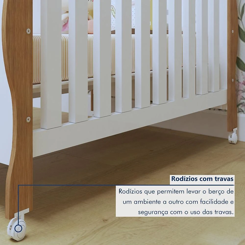Quarto de Bebê Completo com Cômoda, Berço com Colchão e Guarda Roupas Mila Branco/Amadeirado