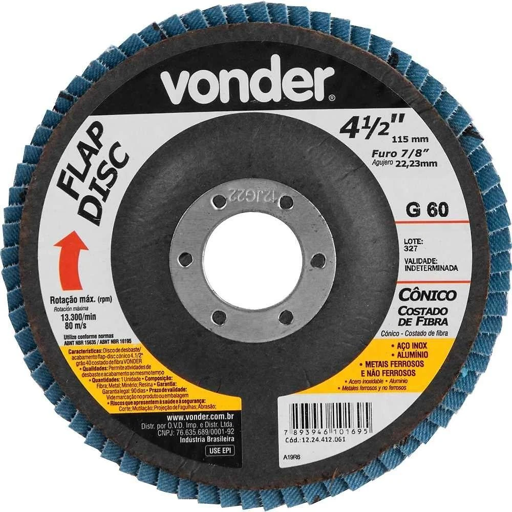 Flap-Disc Cônico Desbaste e Acabamento Grão 60 115MM Furo 22,23MM Vonder 1224412061